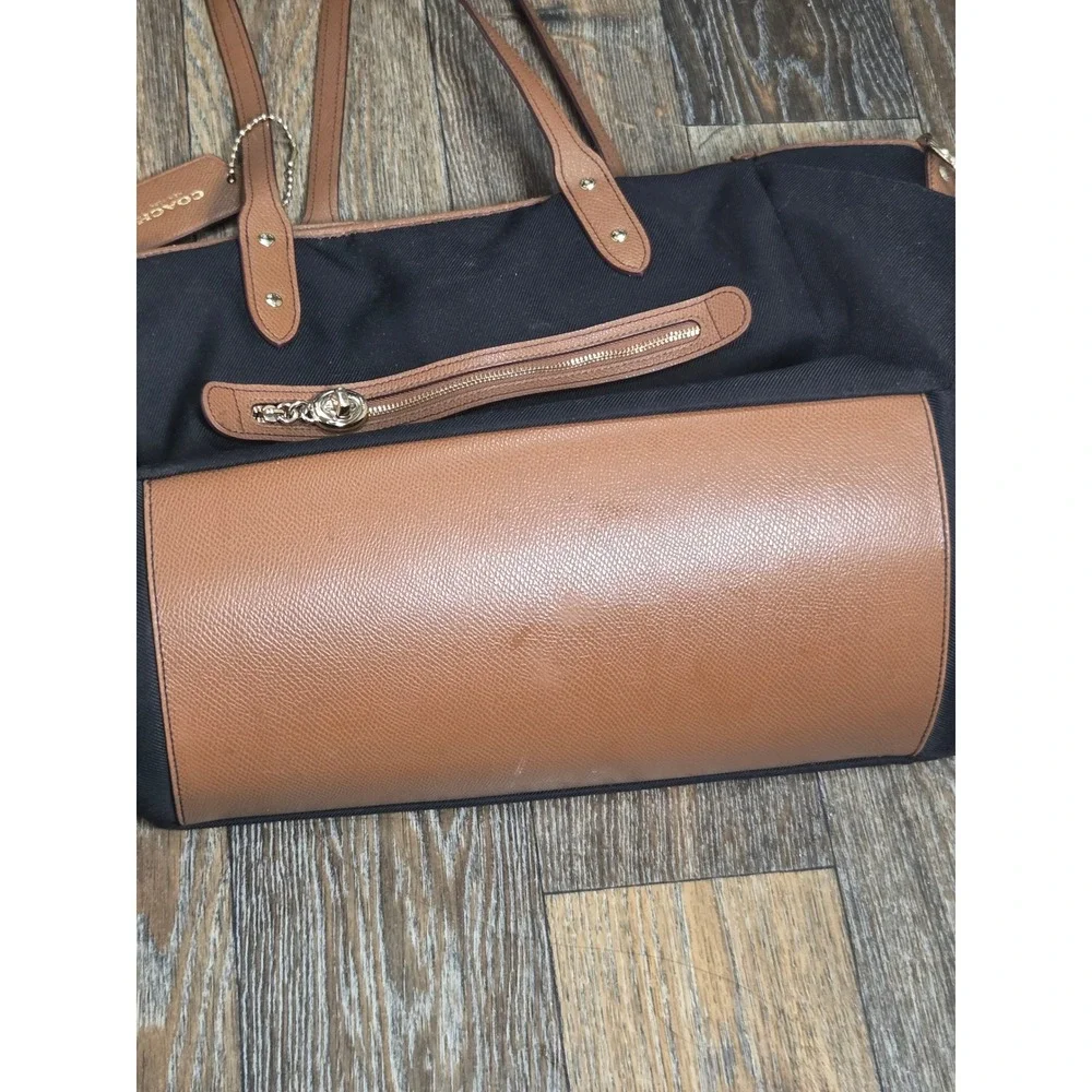 Coach Diaper Bag Tote Black Canvas Tan Leather Trim Gold Hardware F13803